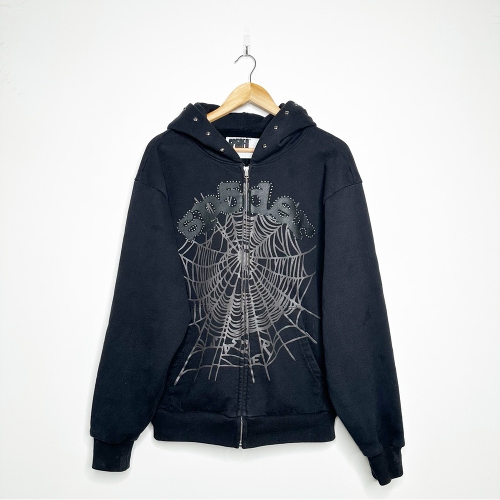 Sp5der OG Web Studded Zip Up Hoodie Black - Size Medium